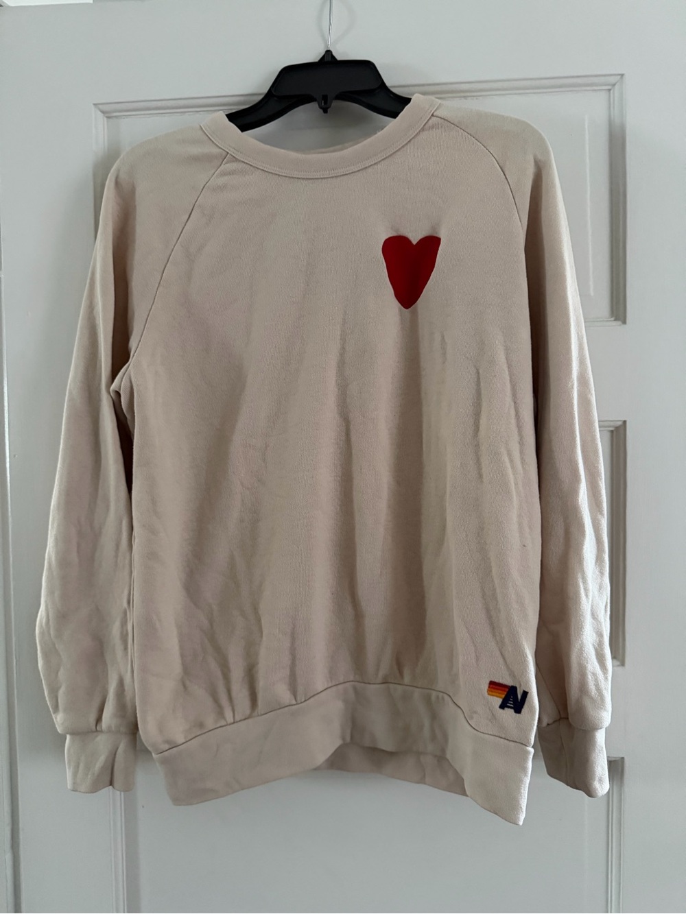 Aviator Nation Women’s Cream Sand Crewneck Sweatshirt with Red Heart- M